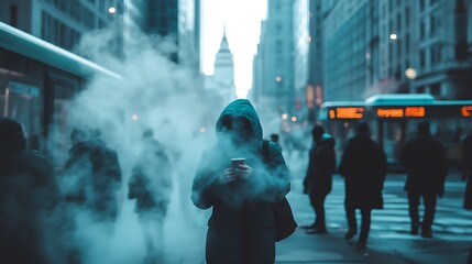 Obraz premium Anonymous Pedestrian Using Smartphone on Busy Street with City Lights : Generative AI