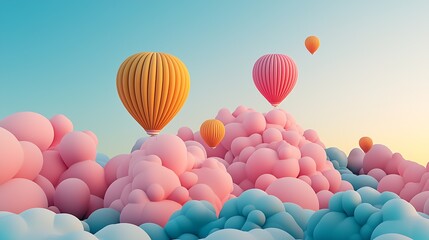 Naklejka premium Hot air balloons soar over pink and blue fluffy clouds in a tranquil sunrise : Generative AI