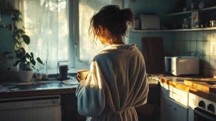 disheveled woman in a bathrobe standing in a messy kitchen with a cup of coffee, early morning light,
