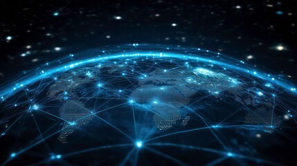 A digital representation of a connected world with networks and data flow.