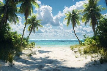 Obraz premium Sunny Tropical Beach Path with Palm Tree Shadows