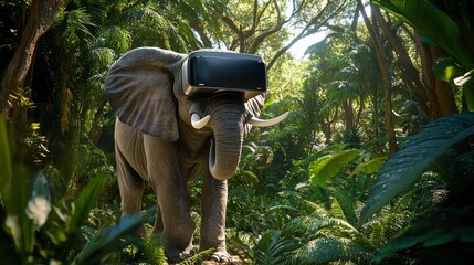 An elephant walks through the jungle wearing virtual reality glasses and enjoys the experience. The jungle setting creates a sense of adventure