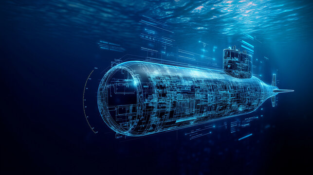 Digital cross-section of a submarine with overlays on propulsion, missile silos, and living spaces, depicted in a deep, blue underwater setting.