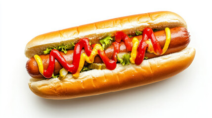 A hot dog in a bun topped with mustard, ketchup, and pickles, served on a white background.