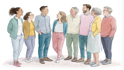 Fototapeta premium A group of diverse friends, both male and female, are smiling and enjoying each other's company. They are standing in a relaxed and casual pose, suggesting a sense of friendship and connection. The co