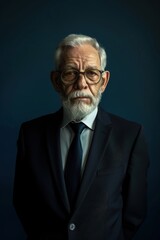 Fototapeta premium Distinguished Elderly Man in Dark Suit Against Monotone Blue Backdrop for Corporate Use