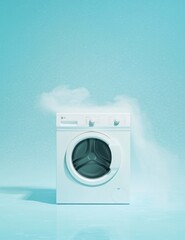 modern white washing machine against a turquoise background