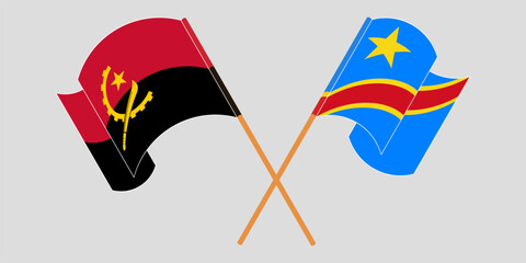 Crossed and waving flags of Angola and Democratic Republic of the Congo. Vector illustration