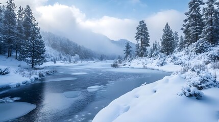 Obraz premium A winter landscape with snow-covered ground, evergreen trees, and a frozen river.