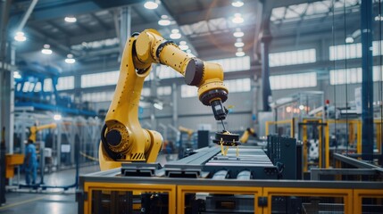 Fototapeta premium Industrial Automation: Robotic Arm Handling Metal Beams in Modern Factory Environment