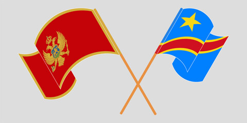 Crossed and waving flags of Montenegro and Democratic Republic of the Congo. Vector illustration