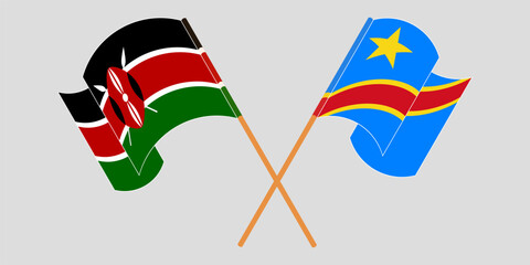 Crossed and waving flags of Kenya and Democratic Republic of the Congo. Vector illustration