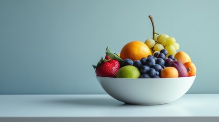 Minimalist bowl of fresh fruits on a table with clean background, natural light.