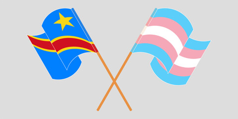 Crossed and waving flags of Democratic Republic of the Congo and Transgender Pride. Vector illustration