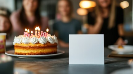 Empty white greeting card for all purpose and bithday cake with blur people background.