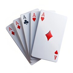Obraz premium Four playing cards, all Aces, fanned out on a white background, symbolizing luck, winning, gambling, chance, and a royal flush.
