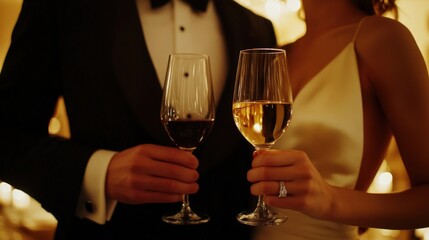 man and woman dressed formally, attending an evening event together, elegant ballroom setting, both holding wine glasses, soft lighting creating a classy vibe