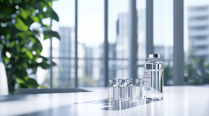 A syringe positioned next to various vials on a white table, with tall windows in the background and light filtering gently across the scene, highlighting clinical readiness.