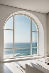 Fototapeta premium Modern Interior Design with Arched Window and Ocean View.