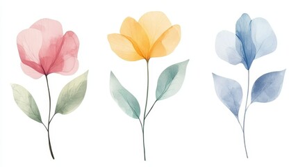 Watercolor illustration spring blossom flowers in soft pastel colors with gentle green leaves
