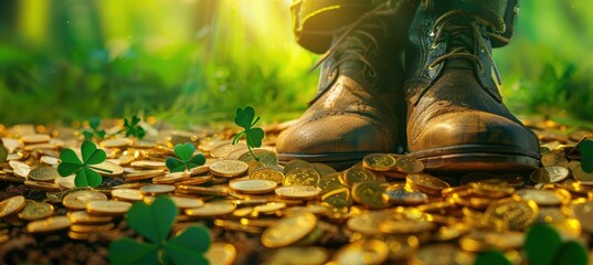 St. Patrick's Day Banner with Leprechaun Shoes and Gold Coins Design for Print and Posters