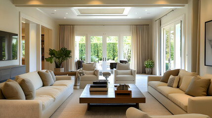 Fototapeta premium Contemporary Minimalist Lounge Area with Neutral Upholstery, Elegant Accents, and a Spacious Layout to Foster a Sense of Calm