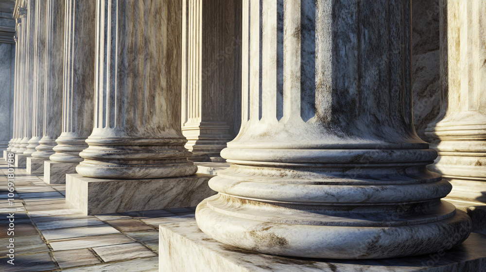Poster Sunlight illuminating a row of classical marble columns in a perspective view that emphasizes their imposing size