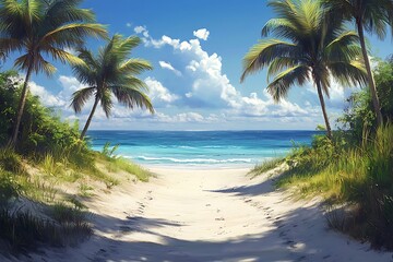 Obraz premium Tropical Beach Path Through Lush Foliage