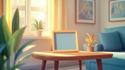 Fototapeta premium Empty photo frame resting on a wooden table in a cozy living room ideal for personalized decoration or family portraits