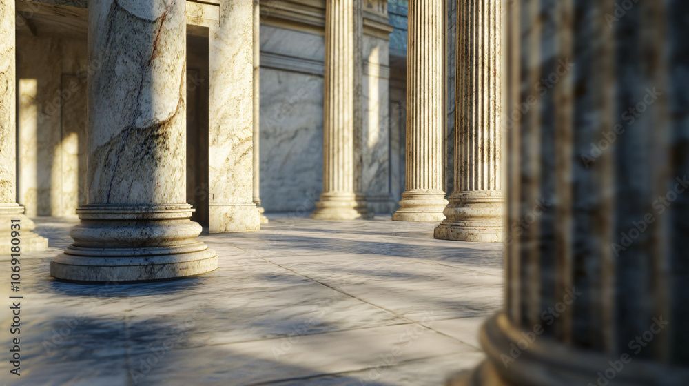 Poster Sunlight is illuminating a majestic perspective of marble columns in a classical building