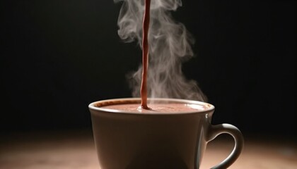 steaming hot chocolate being poured into white cup on dark background