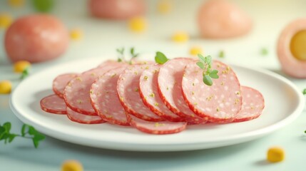 Sliced sausage and ham arrangements on a pristine white plate ideal for gourmet dining or brunch display