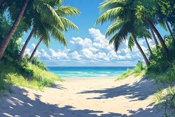 Obraz premium Tropical Beach Path with Palm Tree Shadows