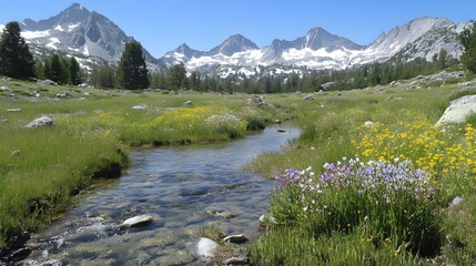 An alpine meadow with wildflowers, snow-capped peaks, and a clear stream.