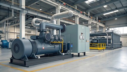 Fototapeta premium Factory Compressor with HVAC System for Industrial Use Industrial Compressor with HVAC System, Factory Equipment 