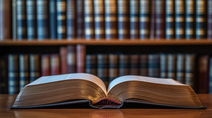 Fototapeta premium Open law book is resting on a wooden desk with shelves full of law books behind it