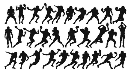 Silhouettes of American football players in various action poses, capturing dynamic movements.