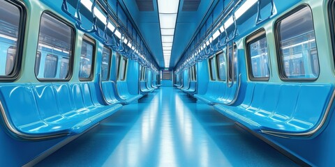 Fototapeta premium Empty Subway Car Interior with Blue Seats