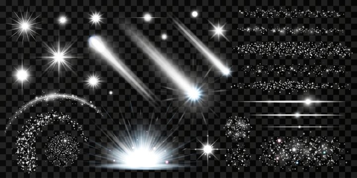 Glowing silver transparent elements with light effect, flares, sparkles. Set of isolated meteors, comets, sun rays, glitter, strokes, lines, stars, glitter for birthday and New Year designs. Vector.