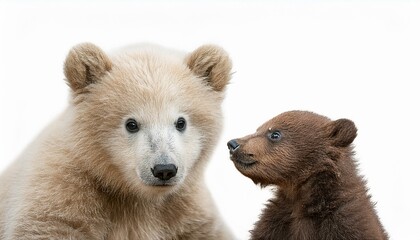 Obraz premium Two cubs of a brown bear and a polar bear playing with each other, white background