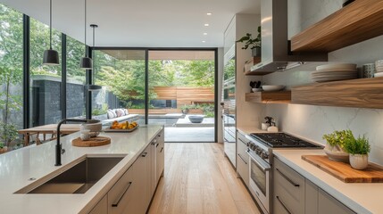 Modern Kitchen with Open Layout and Large Window overlooking Patio