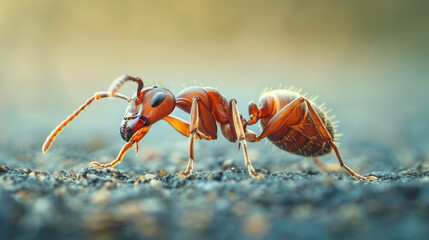 Close-Up Macro Shot of a Red Ant Crawling on a Rough Surface in Natural Daylight