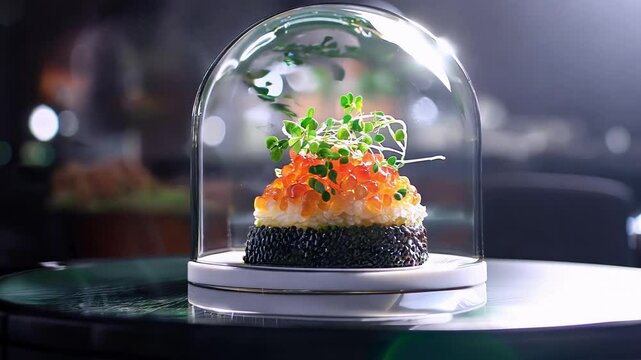 Elegant culinary presentation of gourmet caviar and microgreens under glass dome