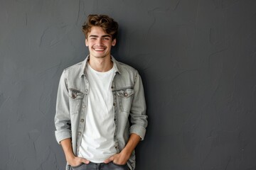 Obraz premium Portrait of handsome young man smiling against grey background.