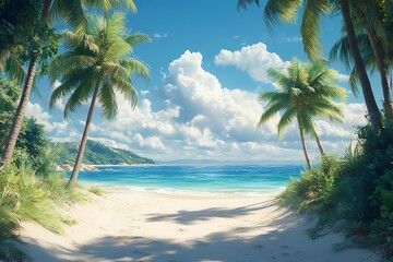 Obraz premium Tropical Beach Scene with Palm Trees and Blue Sky