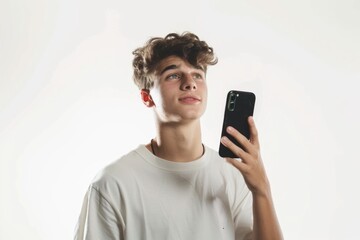 Young man happily using smartphone for calls and social media.