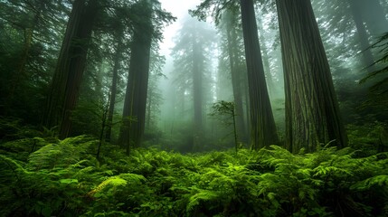 Fototapeta premium An ancient forest with towering redwoods, mist, and a lush understory.