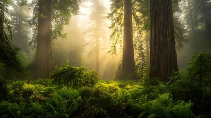 Fototapeta premium An ancient forest with towering redwoods, mist, and a lush understory.
