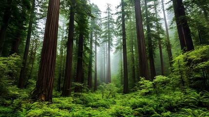 Obraz premium An ancient forest with towering redwoods, mist, and a lush understory.