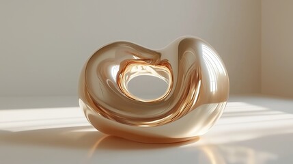 Golden reflective abstract sculpture in natural light, minimalistic art